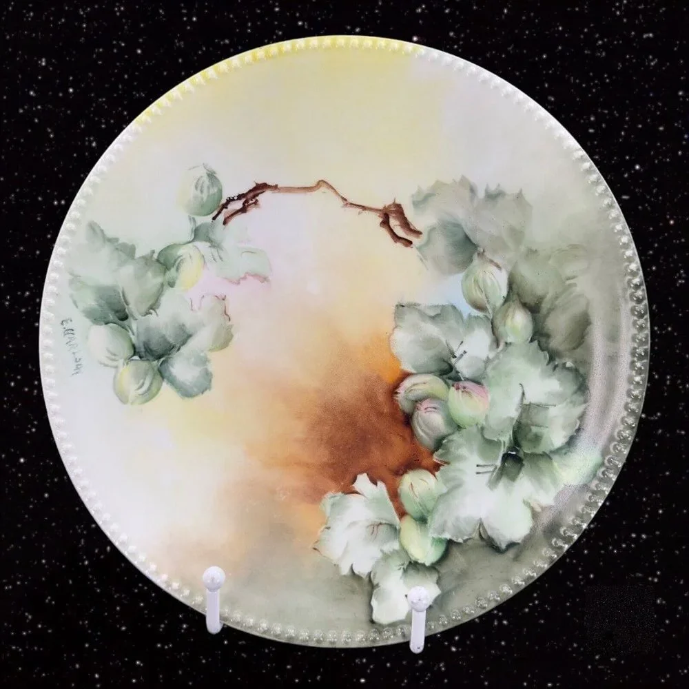 J P L France Limoges Hand Painted Plate Dish Beaded Edges JPL Signed E Carlson‎